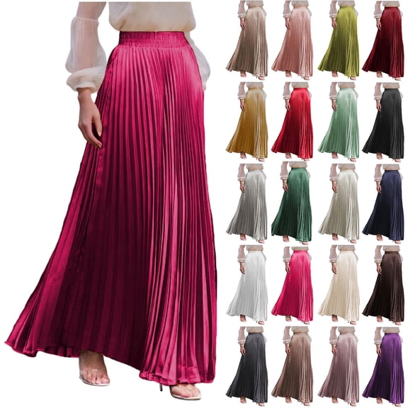 Pleated Maxi Skirts For Women Elastic High Waist Solid Color Ruched Summer Trendy Casual Flowy Skirt (XL, Purple)