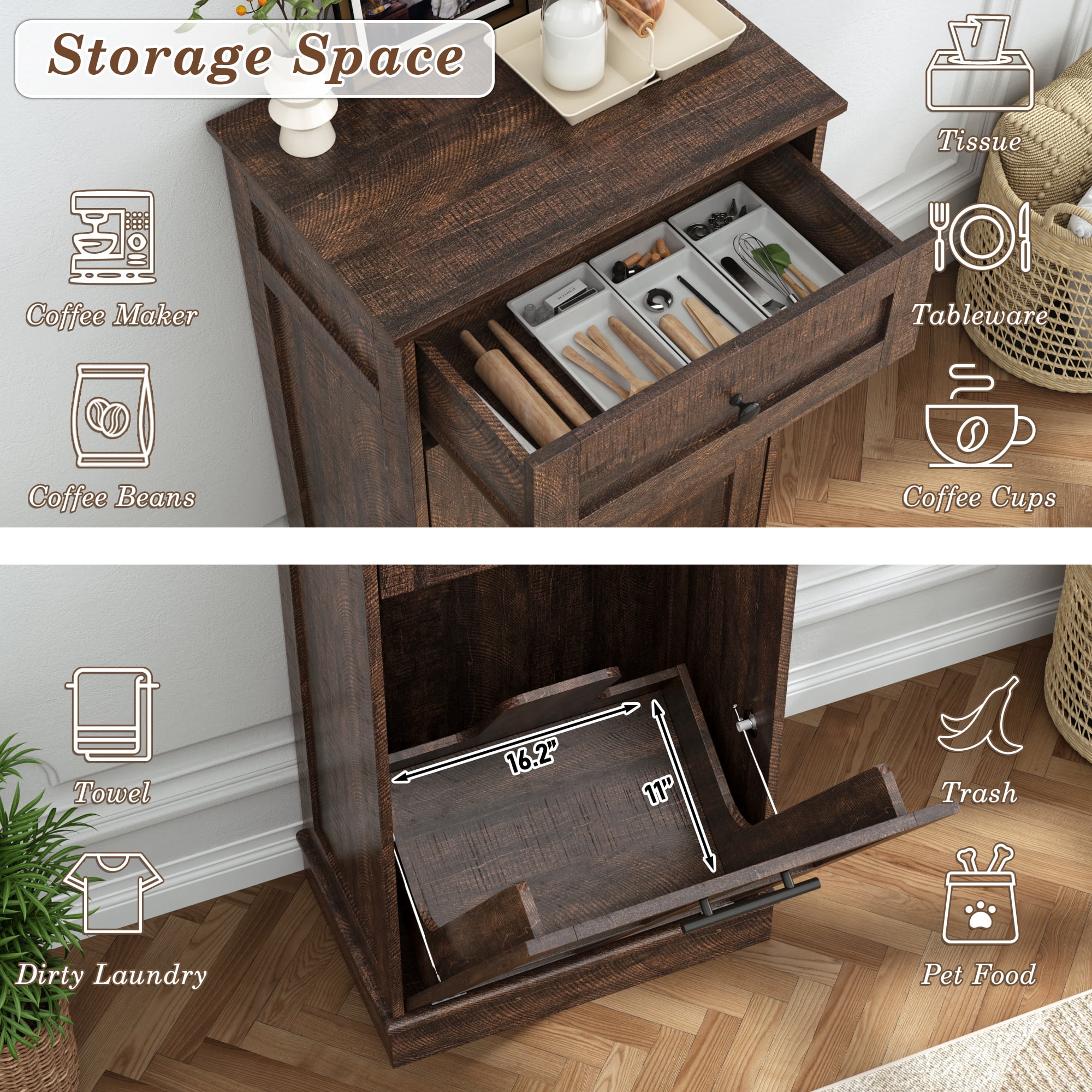 Blotout 13 Gallon Tilt Out Trash Cabinet, Hidden Wooden Trash Can with Drawer, Pet Proof Freestanding Kitchen Recycling Cabinet for Kitchen, Kitchen, Living Room