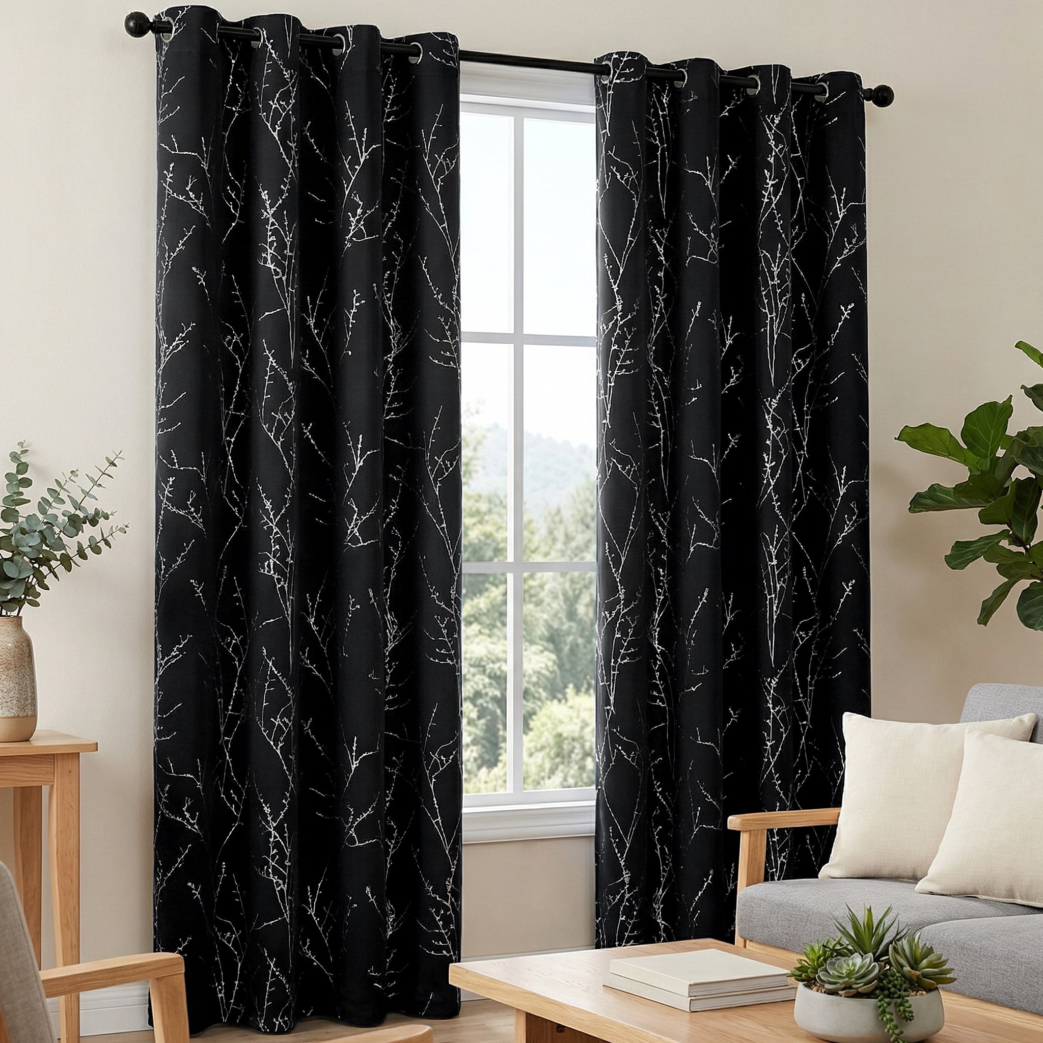 ZOPZO Blackout Curtains, Thermal Insulated,, Black, 42W x 72L Inch, Room Darkening Drapes Tree Branches Pattern for Bedroom Modern Home