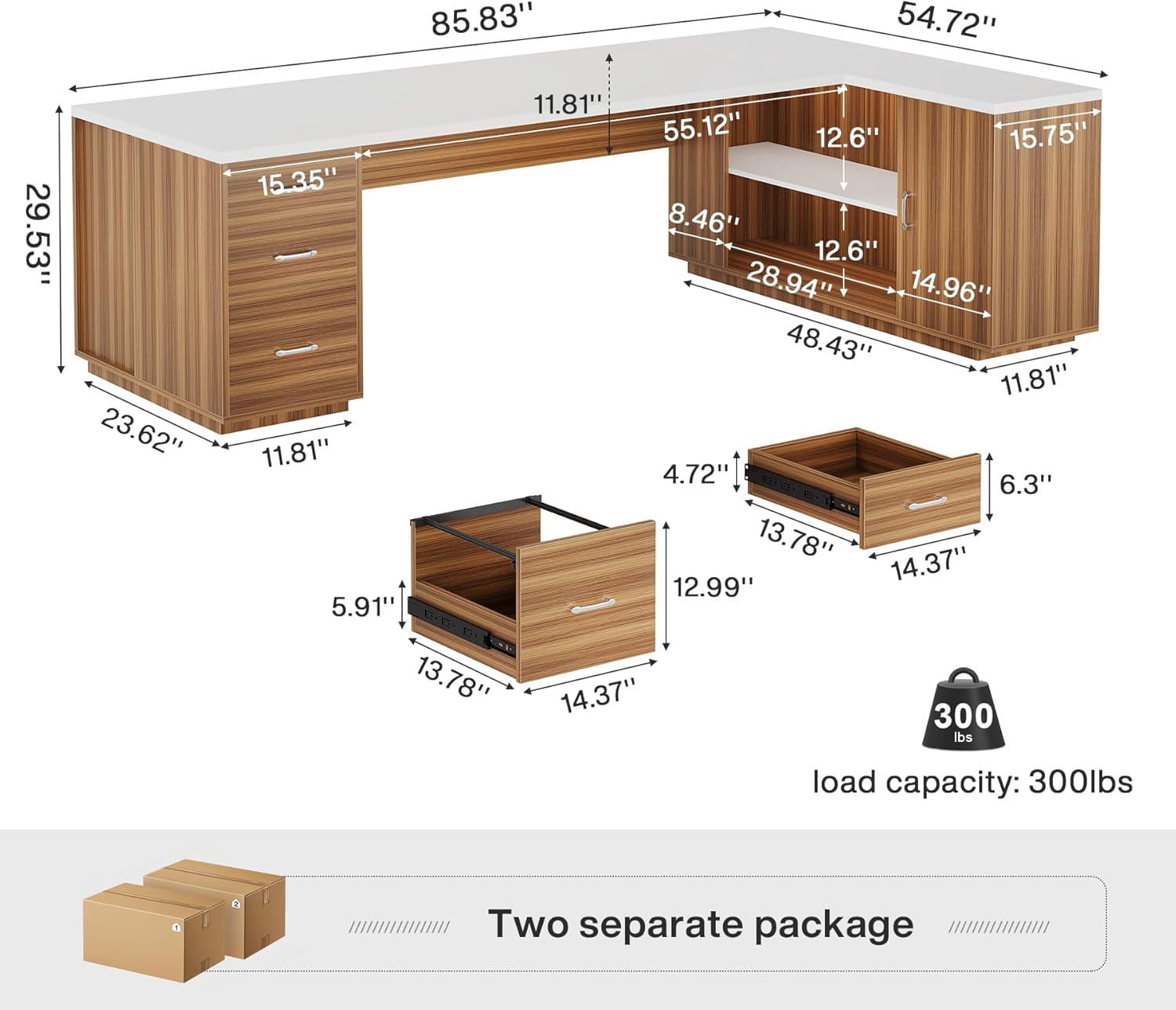 Tribesigns 85.8-Inch L-Shaped Executive Desk, Extra Large Modern Office Desk with File Drawers, Door Cabinet & Shelves, White & Brown