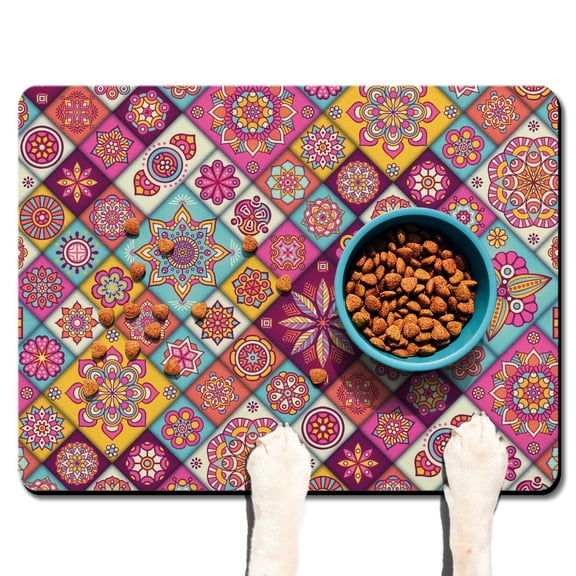 Floral Retro Dog Bowl Mat - Hippie Vintage Pet Feeding Pad, Soft Absorbent Surface & Rubberized Anti-Slip Bottom