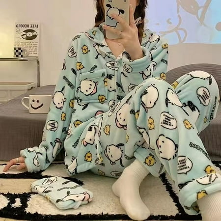 

Sanrio Hello Kitty Winter Plush Pajamas Sets Women Kuromi Melody Cinnamoroll Home Clothes Suits Fashion Sleepwear Cute Pijama