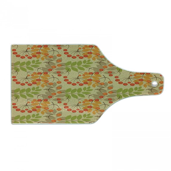 Rowan Cutting Board, Vivid Colorful Graphic Pattern of Rural Foliage Fruits in Autumn Season Warm Colors, Tempered Glass Cutting and Serving Board, Wine Bottle Shape, Multicolor, by Ambesonne