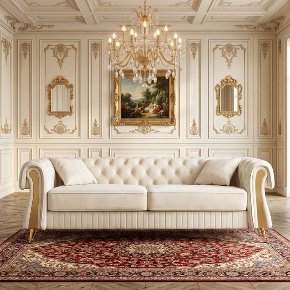 Contemporary 89" Chesterfield Velvet Sofa, Tufted 3 Seater Couch with Stainless Steel Accents, Luxury Living Room Furniture, Beige