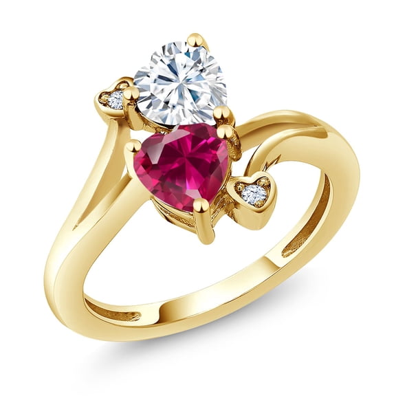 Gem Stone King 18K Yellow Gold Plated Silver White Moissanite Red Created Ruby Ring for Women (1.79 Cttw, Heart Shape 6MM, Gemstone Birthstone, Size 5)