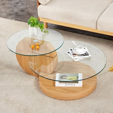 Sudica Modern Coffee Table with Double-layer Round Glass Tabletop,31" Tea Table with Light Wood Grain Base,Center Table for Living Room