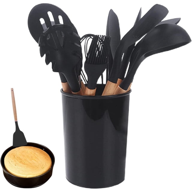 Silicone Kitchen Utensils | Kitchen Tools Non-Stick, Silicone Kitchen Utensil Set, Wooden Handle Utensils for Cooking, Serving Utensils Kitchen Gadgets