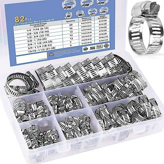 82 PCS Stainless Steel Worm Gear Hose Clamp Assortment Kit,7 Adjustable Sizes from 6-38mm for Automotive,Plumbing & Industrial Use