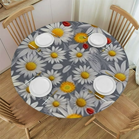 

Xllo0ord Fitted Tablecloth for Round Table Elastic Edge Waterproof Oil-Proof Table Cover Stain-Resistant Table Cloth for Round Table Chamomile Petals Image Fits up Tables 31-35