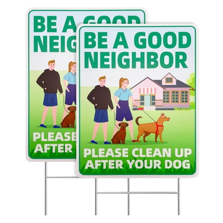 Clean Up After Your Dog Signs 2 Pack, 12x9 Inch Double Sided Yard Signs with Metal Stakes, No Pooping Warning for Lawn Garden Park, Multicolor