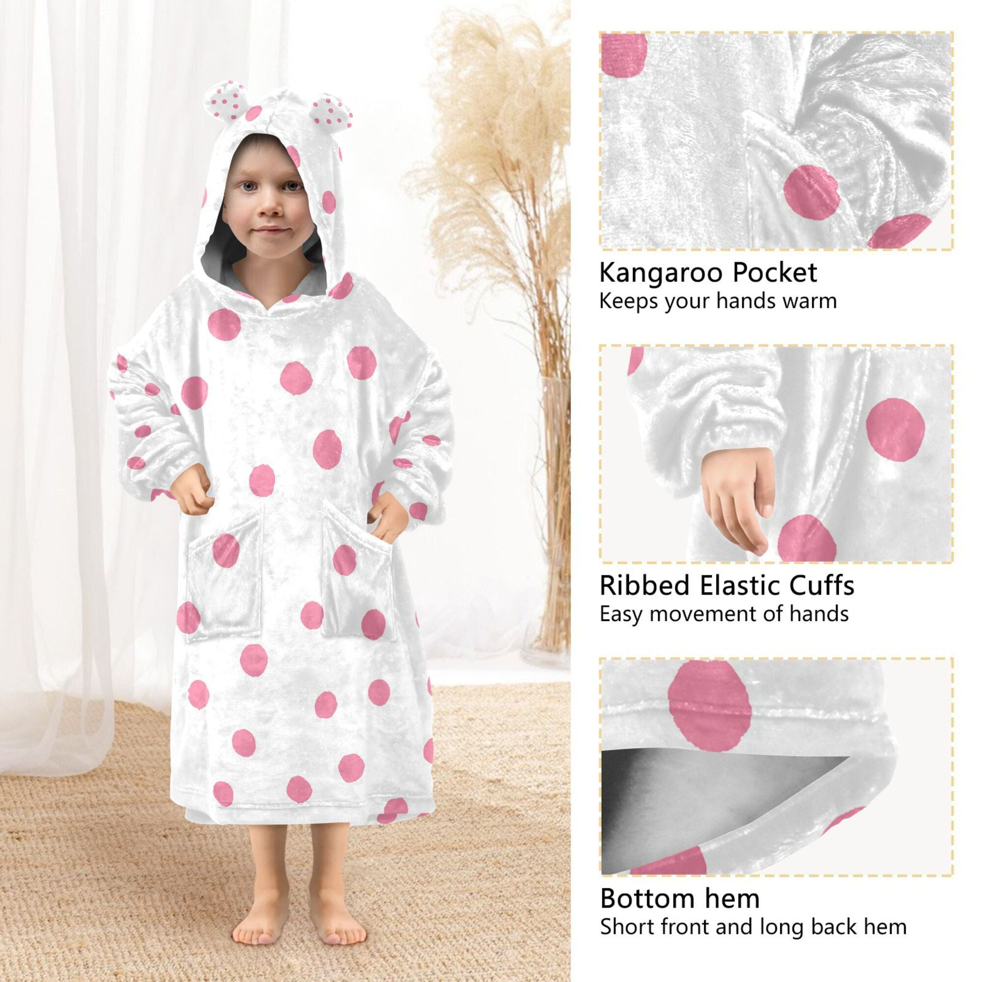 FORMRS Wearable Blanket Hoodie with Sleeves for Kids Cozy Flannel Sweatshirt, Pink Polka Dots