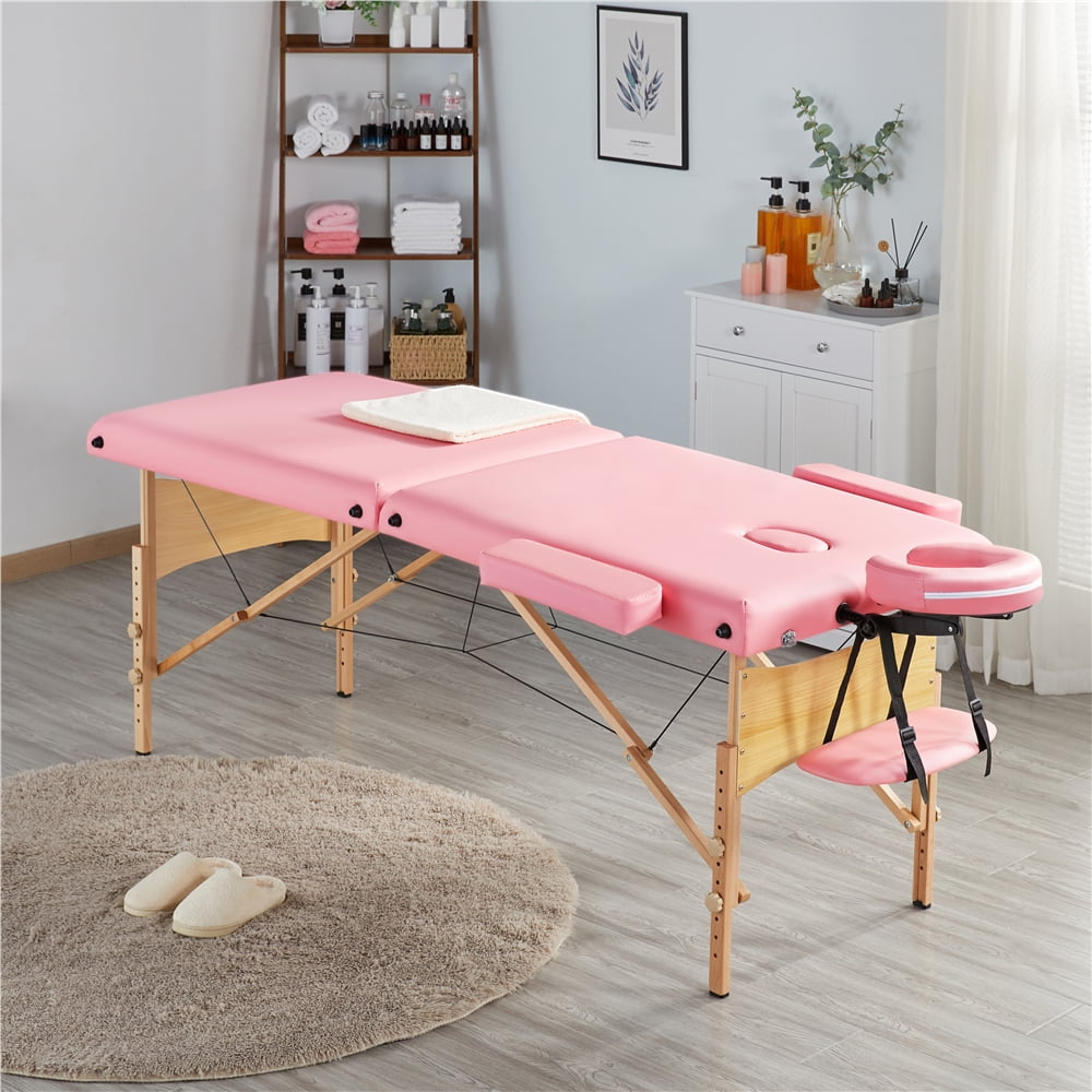 Alden Design 2-Fold Portable Wooden Massage Table for Spa Treatments & Tattoos, 84", Pink