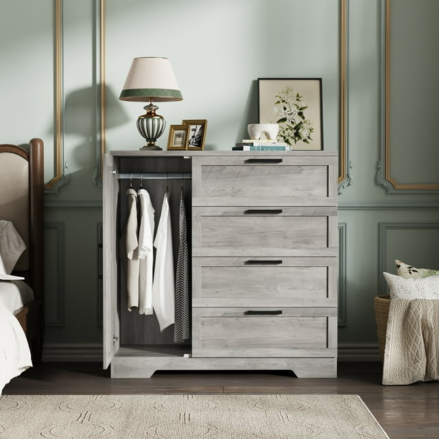 Armoire Garde-Robe Placard de 43,3 Po H avec 4 Tiroirs et Tringle, Commode Multifonction en Bois à 4 Tiroirs avec Placard de Rangement, Armoires de Rangement pour Vêtements pour Chambre