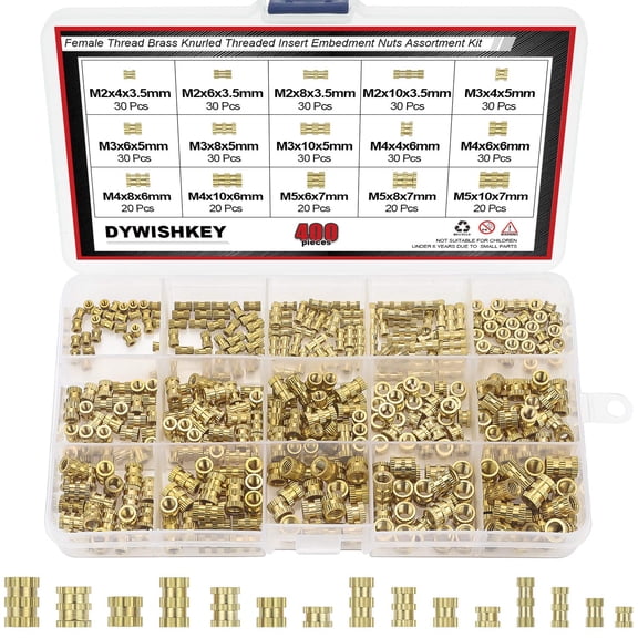 400 Pieces M2 M3 M4 M5 Female Thread Knurled Nuts Brass Threaded Insert Embedment Nuts Assortment Kit