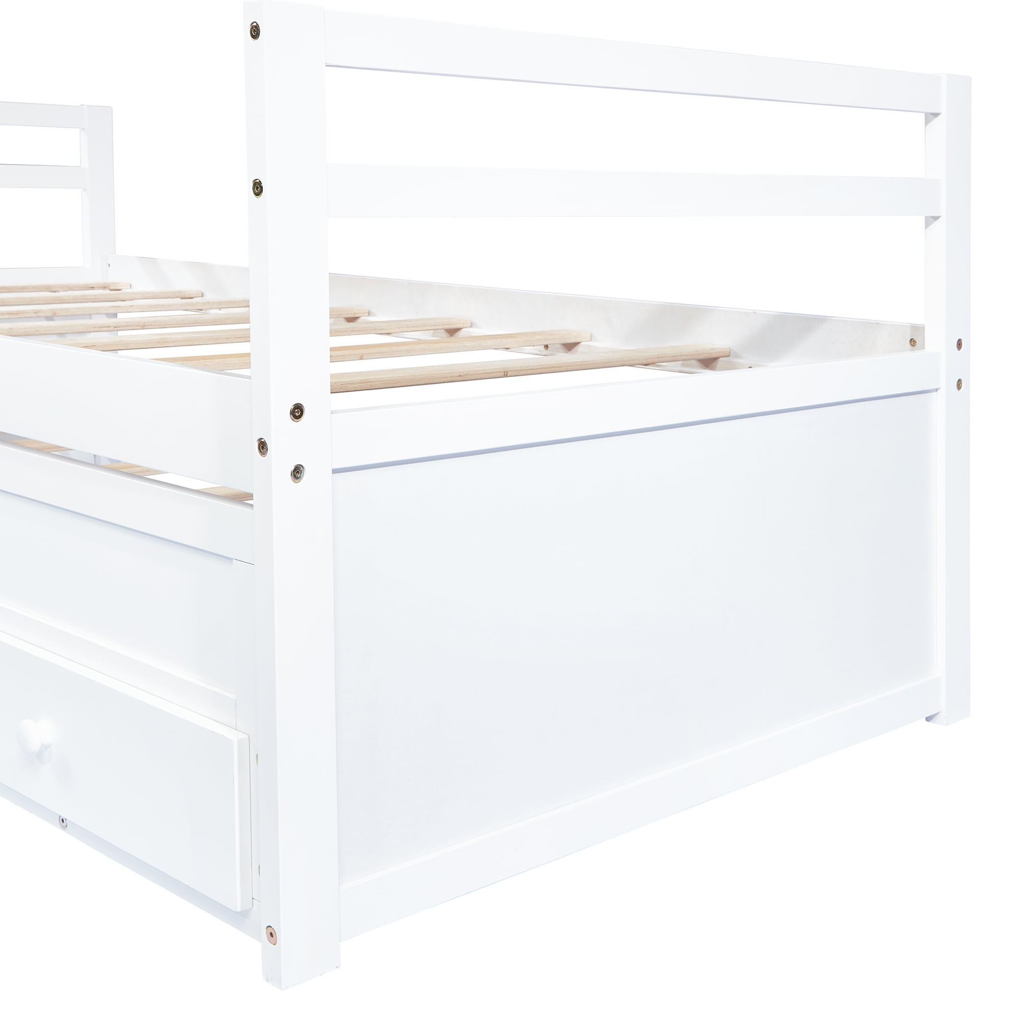 Miniyam Wood Twin Size Bed with Trundle, Storage Drawers for Kids, White