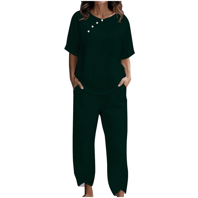Yuyuzo Womens Lounge Sets Crew Neck Button Tops Baggy Pants with Pockets 2 Piece Summer Matching Sets