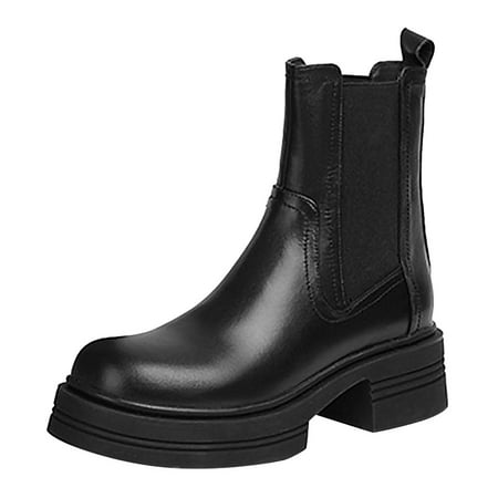

TAIAOJING Womens Boots Slip On Retro Fashion Thick Sole Round Toe Leather Boot Casual Shoes