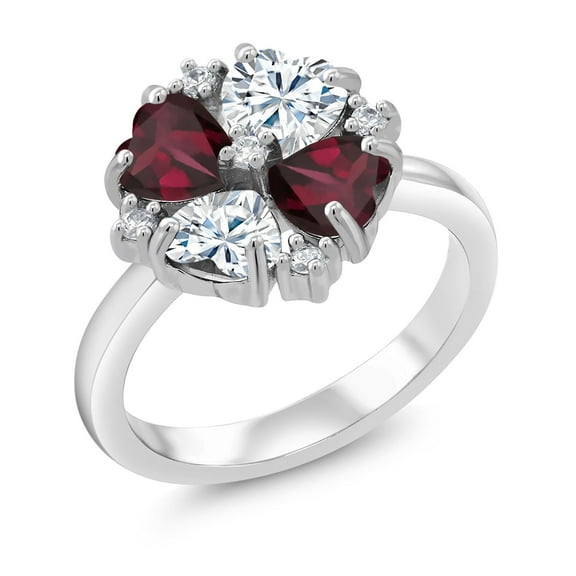 Gem Stone King 925 Sterling Silver Red Rhodolite Garnet and White Moissanite Ring for Women (2.02 Cttw, Heart Shape 5MM, Gemstone January Birthstone, Size 6)