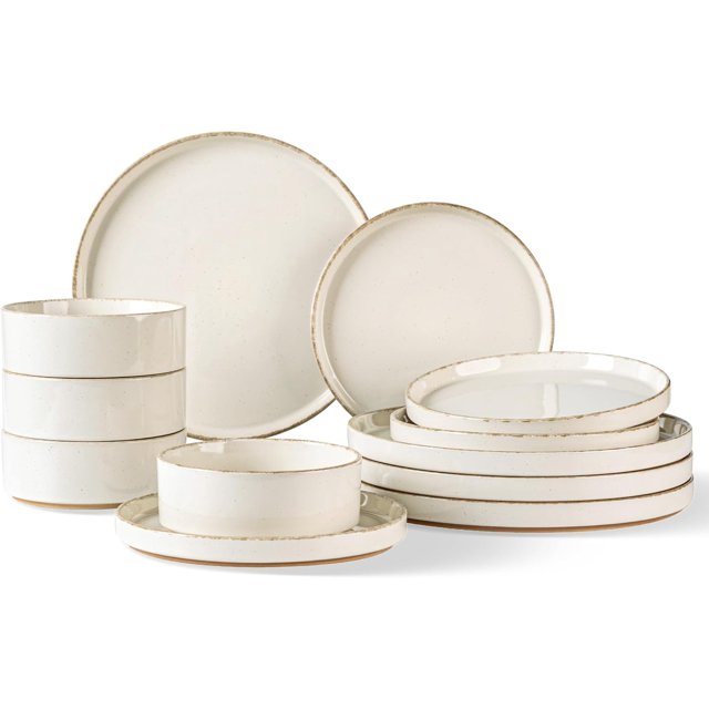 AmorArc Ceramic Dinnerware Sets for 4, 12 Pieces Handpainted Plates and Bowls Set with Rustic Terracotta Underside, Scratch Resistant Stoneware Dishes Set, Dishwasher & Microwave Safe