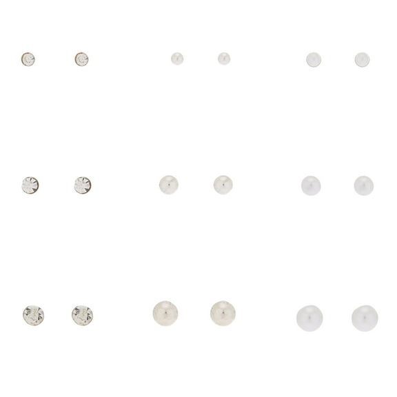 Claire's Silver Graduated Crystal Pearl Stud Earrings - 9 Pack
