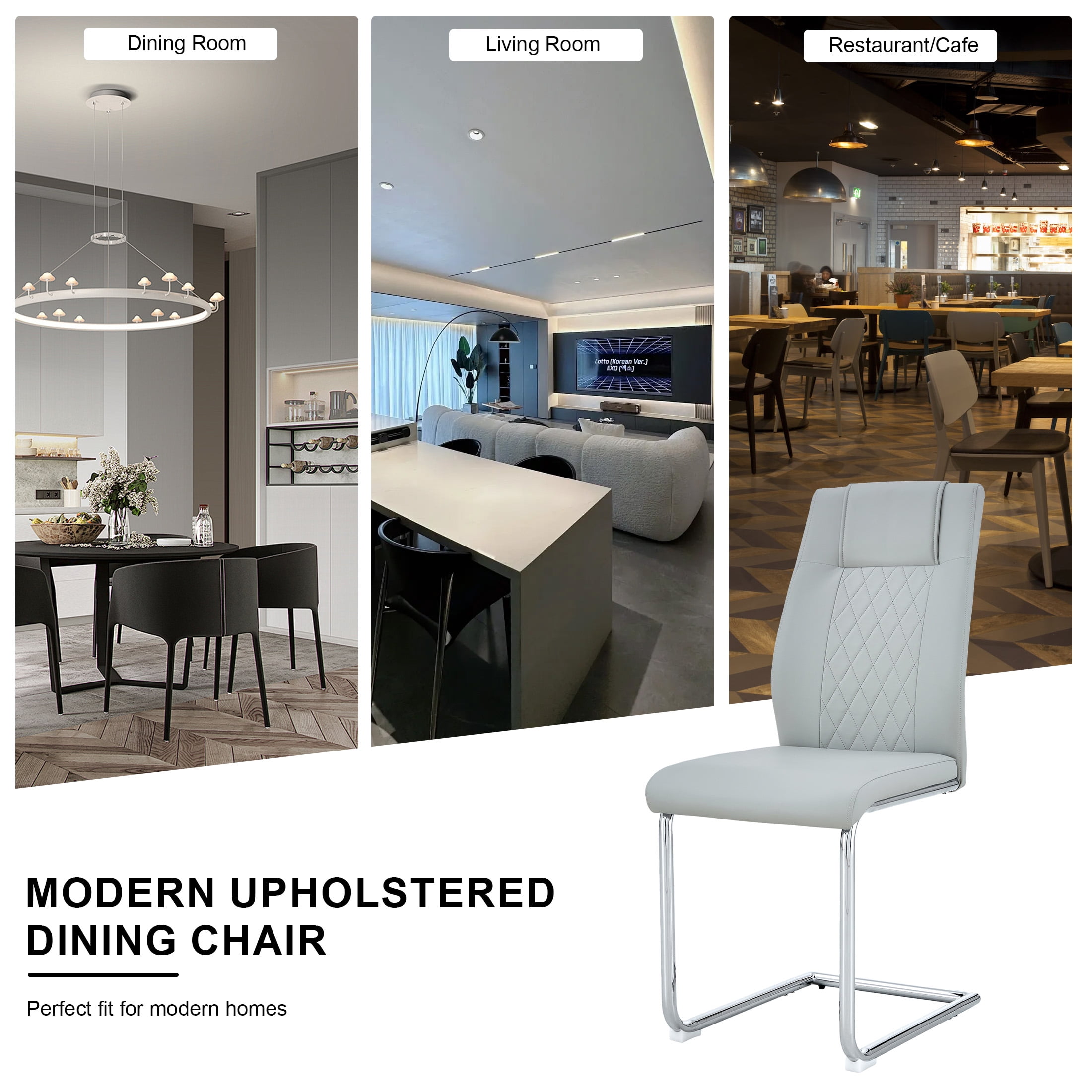 Aukfa Dining Chairs Set of 4, High Back Metal Side Chairs with Faux Leather Padded Seat for Kitchen, Dining Room, Ligh Gray/Silver