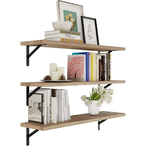 Wallniture Forme 36 inch Long x10 in Deep Rustic Floating Shelves for Wall Storage, Wall Bookshelf Living Room, Kitchen, Pantry Shelf Wood Set of 3, Burnt