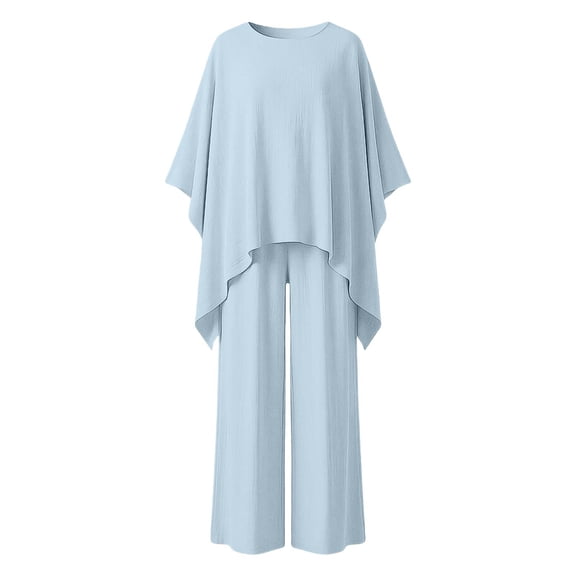 Summer Solid Color Elegant Loose Fit Long Sleeve Crew Neck Shirt and Wide Leg Pants Two Piece Outfit for Women Minimalist Style Blue L