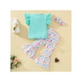 thumbnail image 5 of aturustex Toddler Kid Girl Easter Clothes Set Bunny Print Tops Rainbow Rabbits Pattern Flare Pant Headband 3Pcs Summer Set, 5 of 9