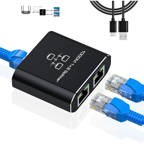 Gigabit Ethernet Splitter 1 to 2 - Network Splitter with USB Power Cable, RJ45 Internet Splitter Adapter 1000Mbps High Speed for Cat 5/5e/6/7/8 Cable [2 Devices Networked Simultaneously]