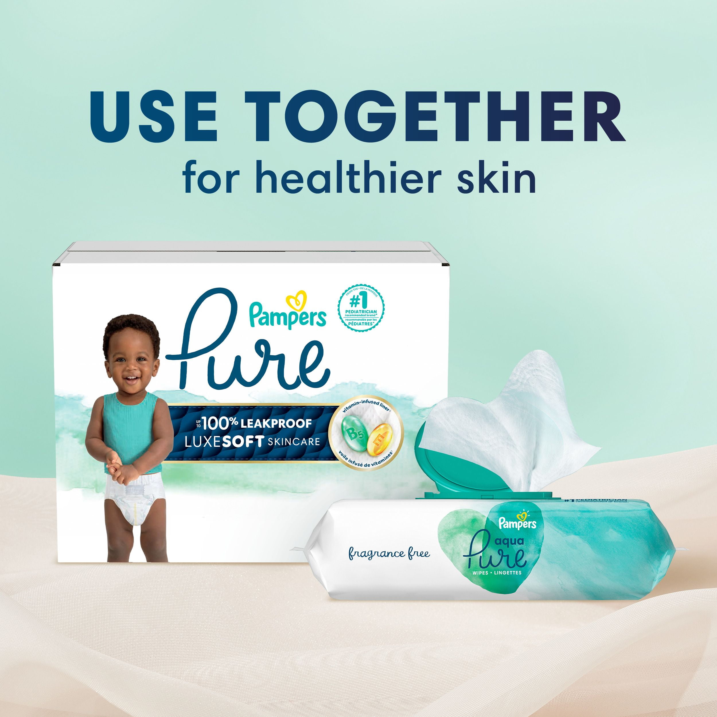 Pampers Pure Baby Diapers, Size 2 (12-18 lbs), 186, Up to 100% Leakproof, Premium Hypoallergenic Soft Diapers