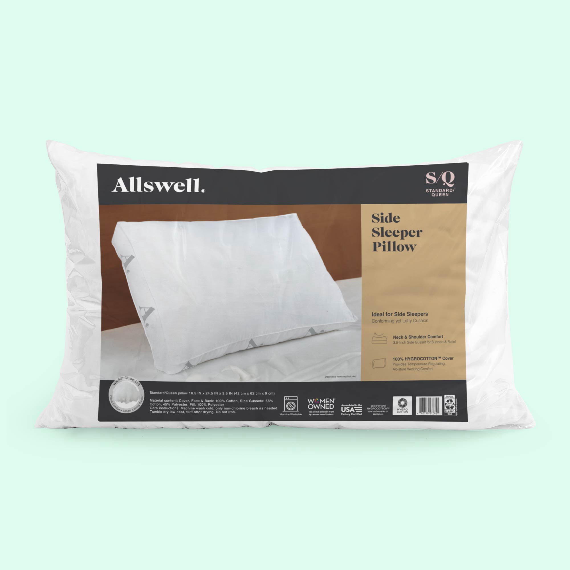 (2 pack) Allswell Side Sleeper Bed Pillow with HYGROCOTTON® Cooling Pillow Cover, Standard/Queen