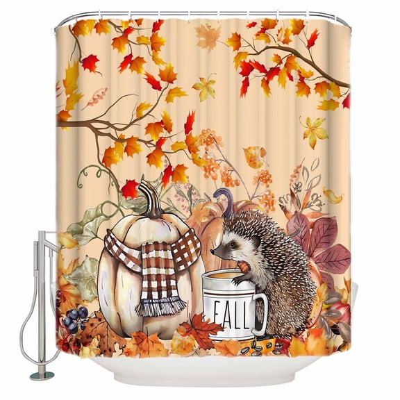 Fabric Shower Curtain Fall Thanksgiving Pumpkin Hedgehog Coffee Branch Orange Shower Curtains with 12 Hooks Waterproof Machine Washable Bath Curtains for Bathroom, 60 x 72in
