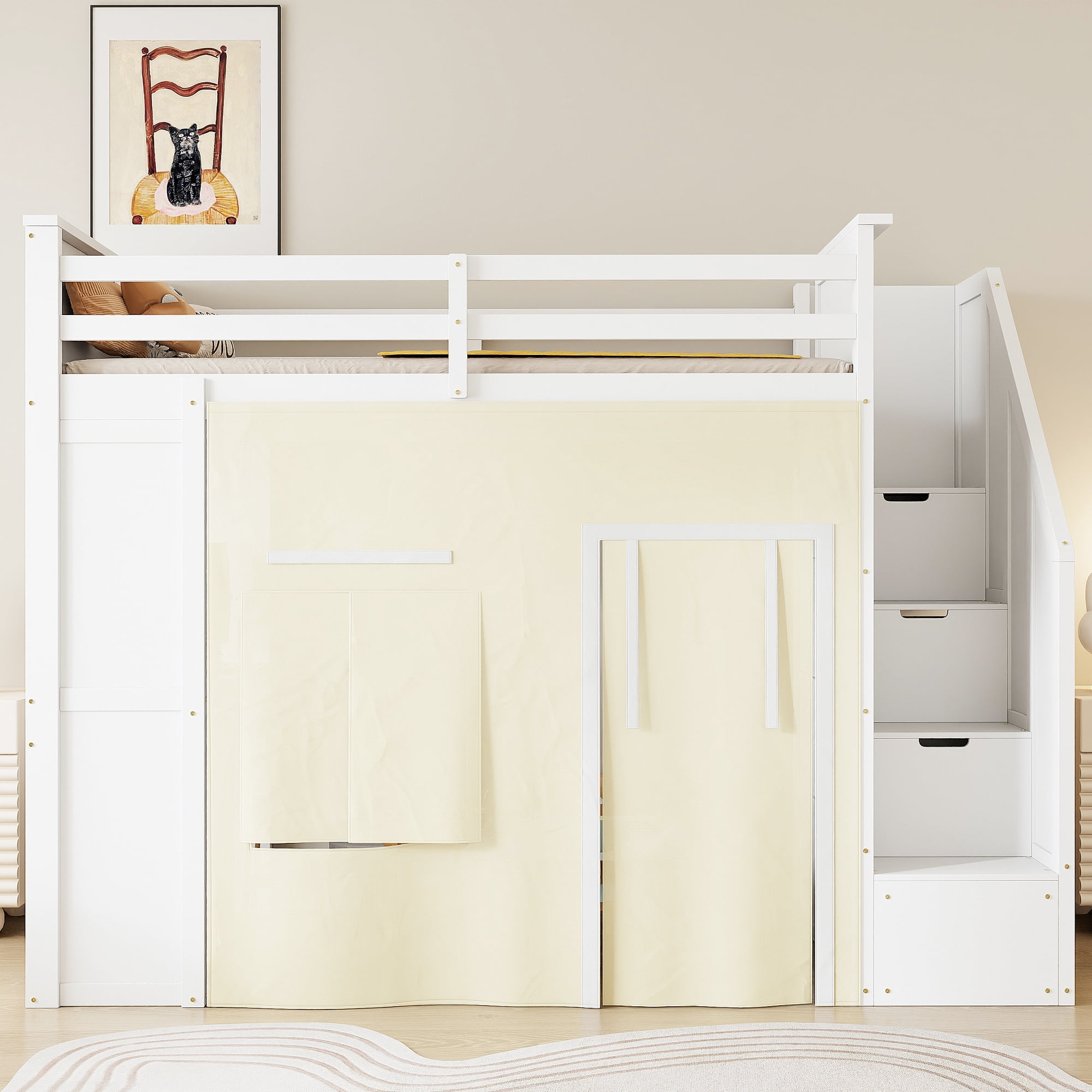 Euroco Wood Twin Size Loft Bed with Desk and Drawers, Storage Bed with Shelves and Curtain, White