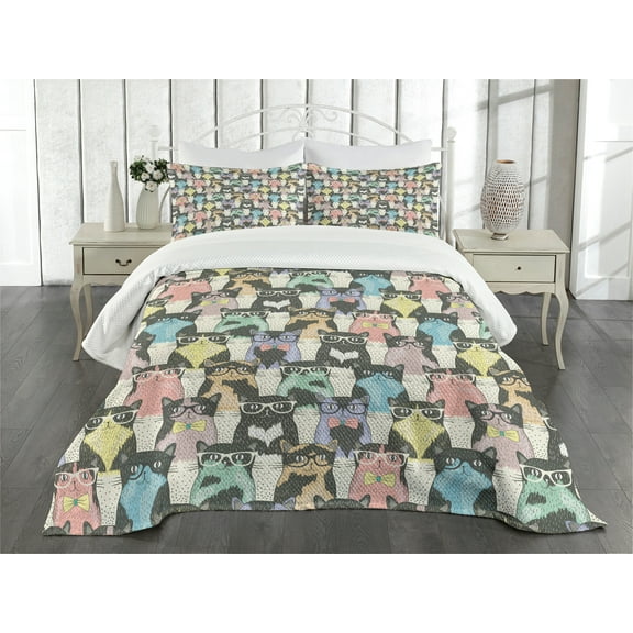 Ambesonne Cats Quilted Bedspread Set 3 Pcs, Hipster Playful Glass, Queen Size, Multicolor