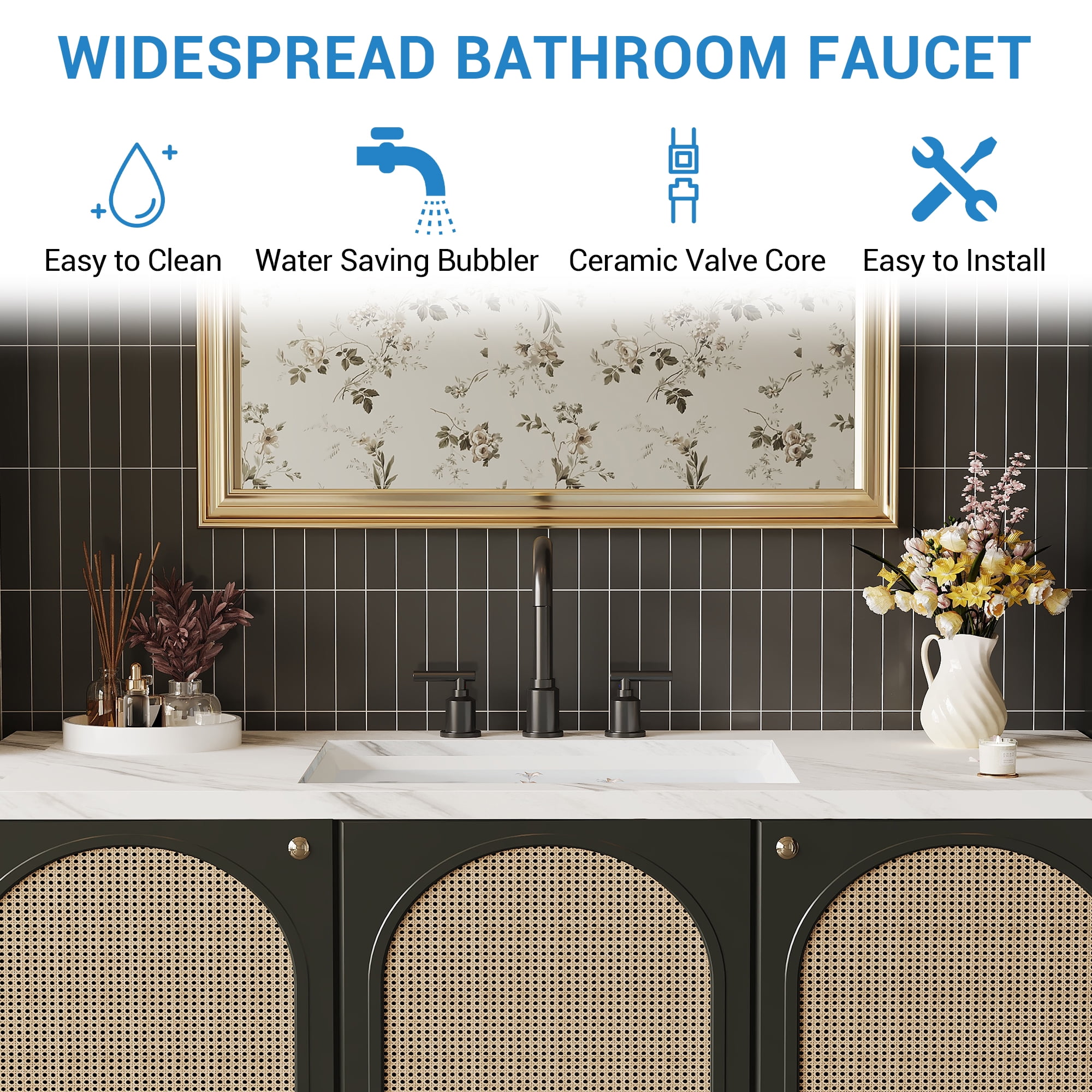 8 Inch Widespread Bathroom Faucet - Brushed Nickel Finish with Drain Assembly, black