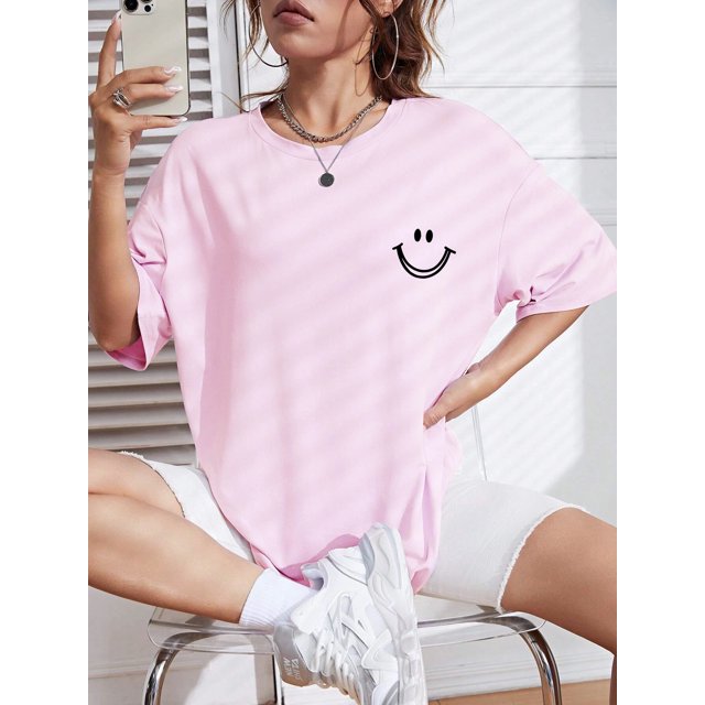 RWJDXD T-Shirt en Coton à Manches Courtes Imprimé Happy Expression pour Femmes Street Hip Hop Vêtements Respirants Tout-Temps Col Rond T-Shirts pour Femmes