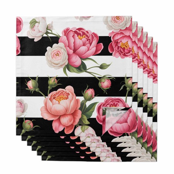Pink Flower Cloth Napkins, Black White Stripesvintage Floral Washable and Reusable Dinner Napkins Set of 6, Table Napkin for Kitchen Party Birthday Wedding Hotel Housewarming 20"x20"