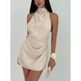thumbnail image 6 of Khaki Solid High Neck Sleeveless Mini Dress, Elegant Slip Style For Party Or Vacation, 6 of 6