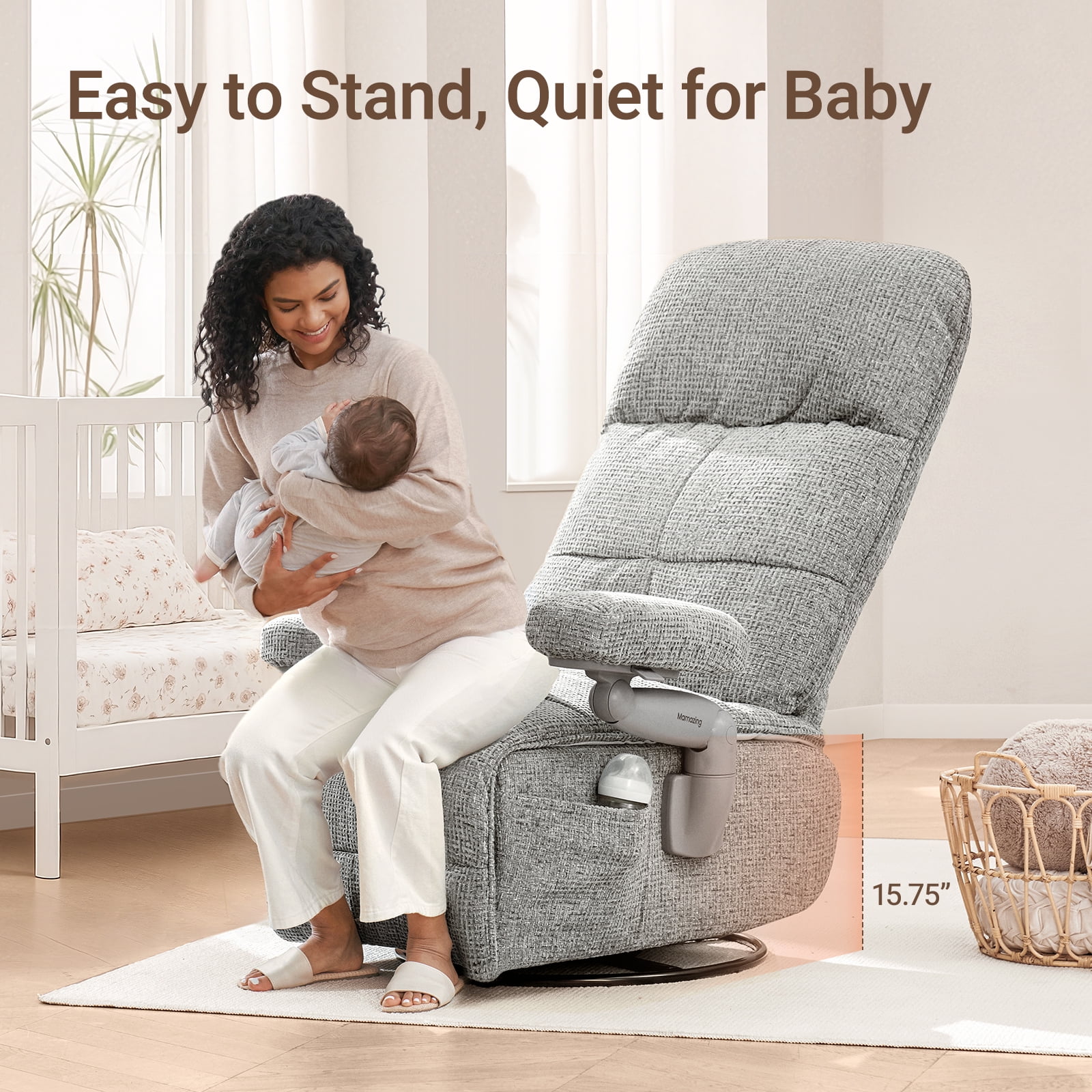 MAMAZING Nursery Chair Silent Rocking Ergonomic Removable Swivel Glider Recliner, Adjustable Armrests & Headrest, Gray