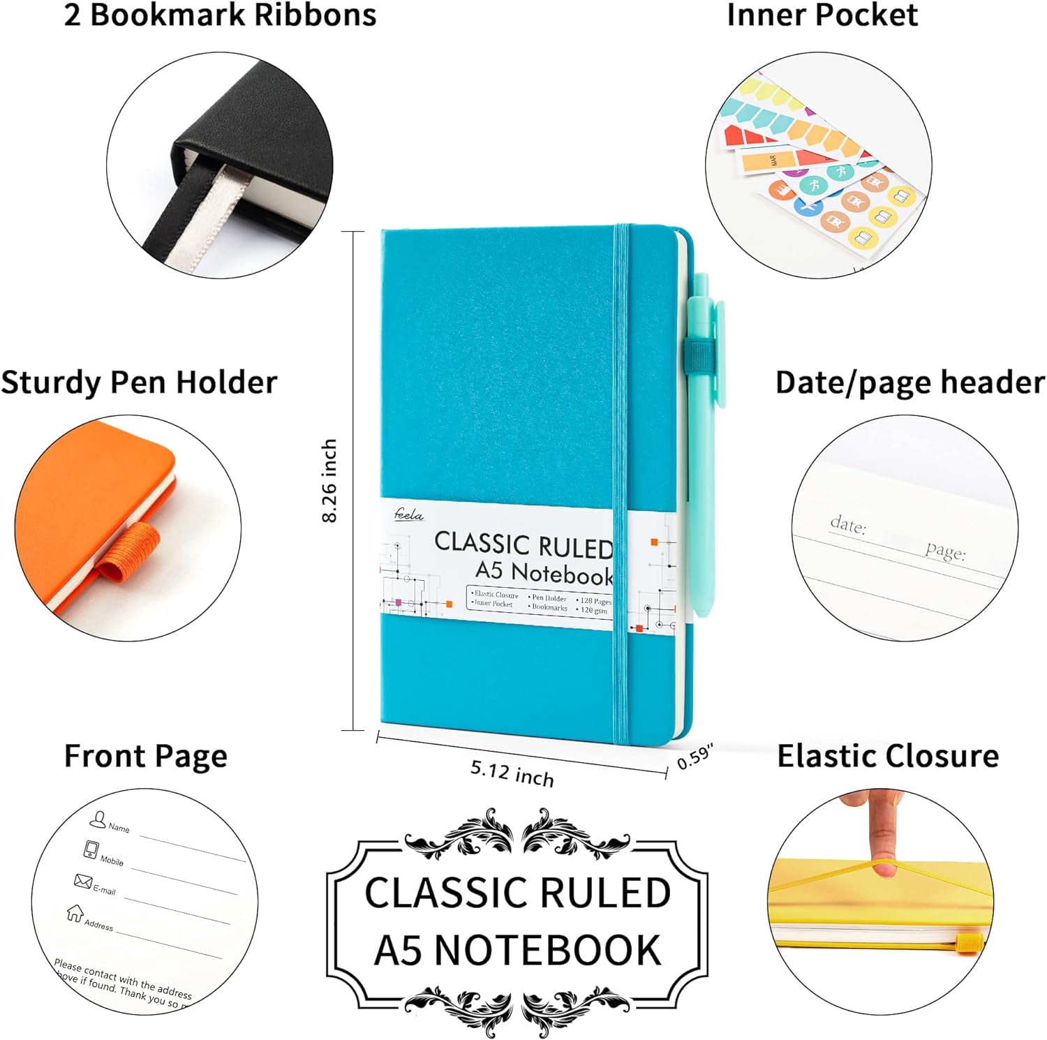 Feela Journal Notebook Bulk, Hardcover Business Classic Ruled Lined Journals with Pen Holder for Work Office Journaling, with 5 Black Pens, 120 GSM, 5.1”x8.3”, 5 Pack, A5, Solid Colors