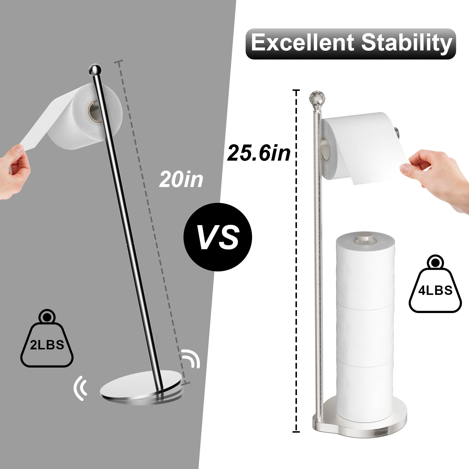 KASUNTO Toilet Paper Holder for Bathroom, Heavy Weighted Metal Free Standing Toilet Paper Storage with Crystal Ball, Toilet Paper Stand for Bathroom Accessories, Brushed Nickel [Holds MEGA Rolls]