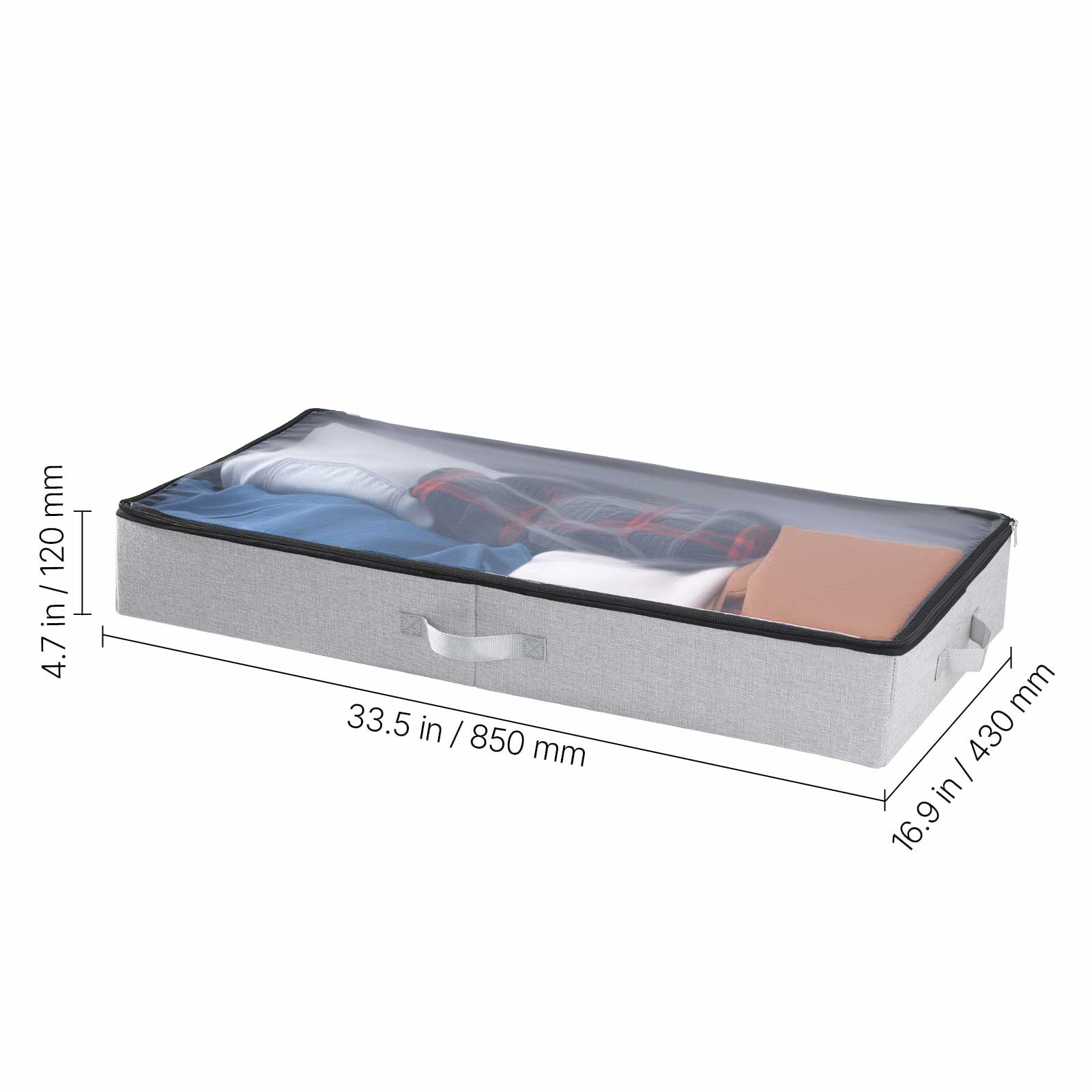 KFFKFF Under Bed Storage Containers with Transparent Lids, 33.5 x 16.9 x 4.7 Inches, 45L Capacity, Low-Profile Storage Bins for Clothes, Shoes, Blankets, and Bedroom Organization, Set of 2