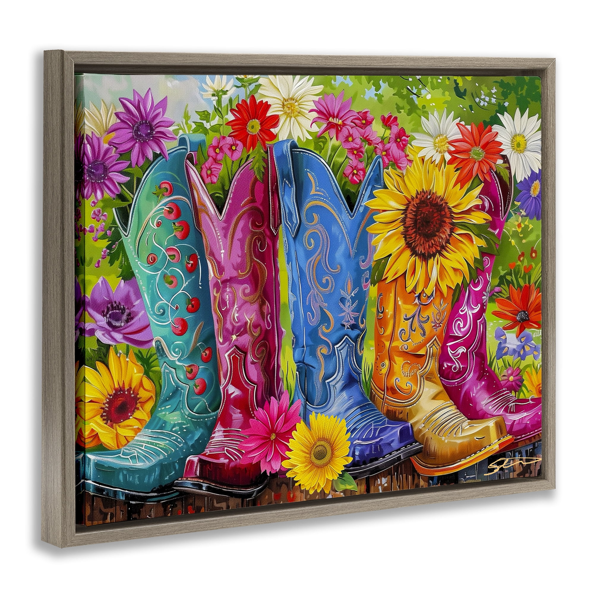 Cowboy Boots and Sunflowers Brown Framed Floater Canvas Wall Art, design by Shawna Stewart