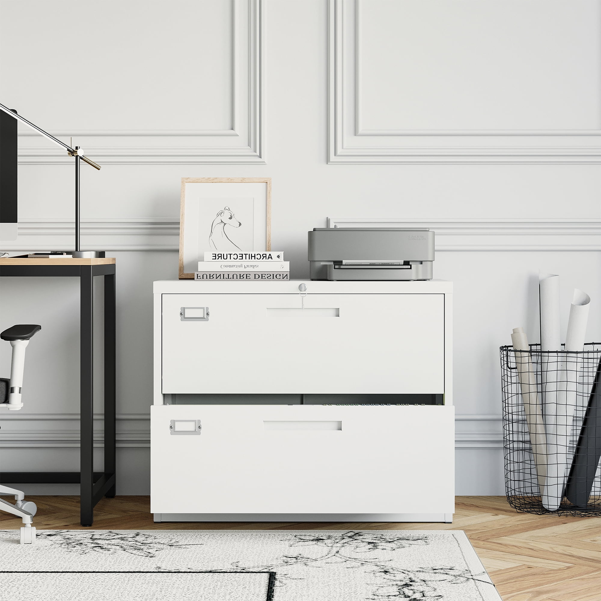 Fesbos Lateral File Cabinets with Lock,2 Drawer 28" Wide Metal Filing Cabinets,Hanging Letter/Legal/F4/A4 Size, Assembly Required - White