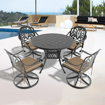 5-Piece All-Weather Cast Aluminum Patio Dining Set: 4 Swivel Chairs & 39.37" Round Black Table for Garden, Deck, Outdoor Use; Rust & UV Resistant, Includes Cushions