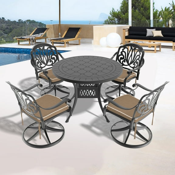 5-Piece All-Weather Cast Aluminum Patio Dining Set: 4 Swivel Chairs & 39.37" Round Black Table for Garden, Deck, Outdoor Use; Rust & UV Resistant, Includes Cushions