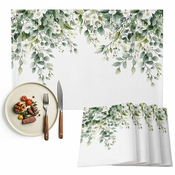 Boho Floral Placemats Set of 8, White Flowers Sage Green Leaf Table Mats Washable Heat-Resistant Non-Slip Place Mats for Kitchen Dinner Table Indoor Outdoor Decor,13x19 Inch