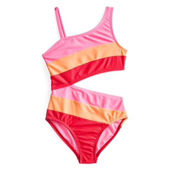 Wonder Nation Girl's Asymmetrical Cut Out One Piece Swimsuit, Sizes 4-18