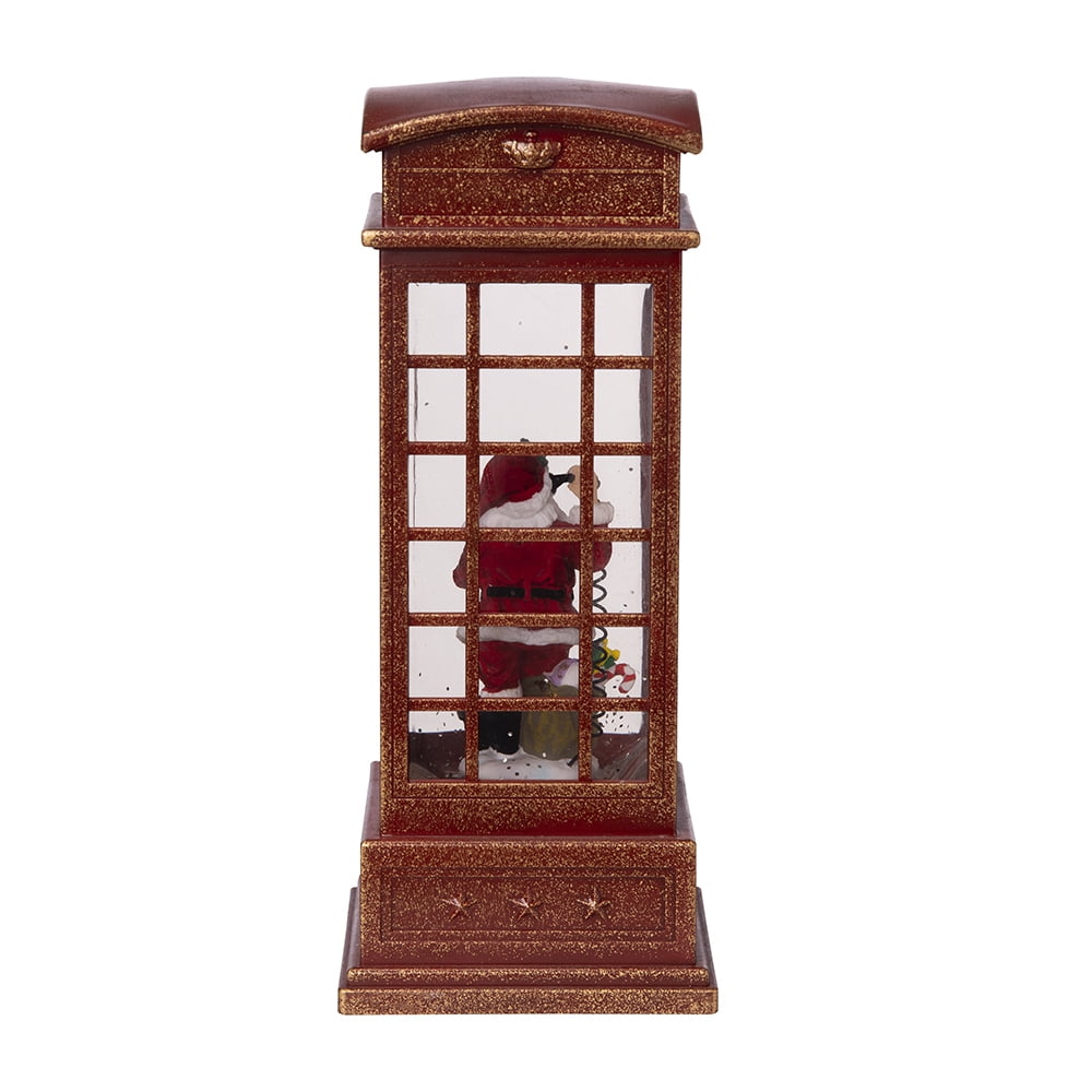 Water Lighted Spinning Phone Booth Christmas Decor with Santa on Phone Plastic Polyresin Oil Water Tabletop Holiday Accent