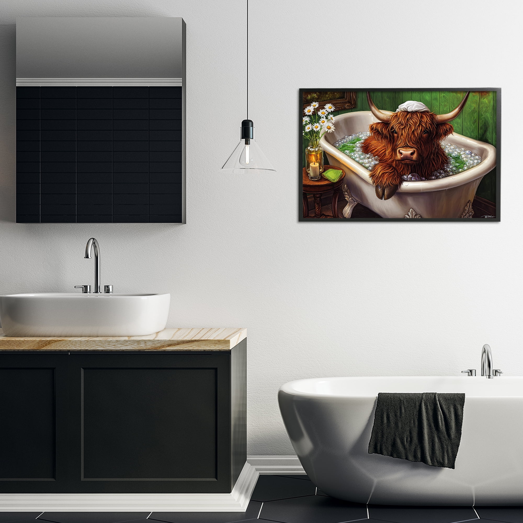 Highland in Candle Lit Bubble Bath Black Framed Giclee Art, design by Momart